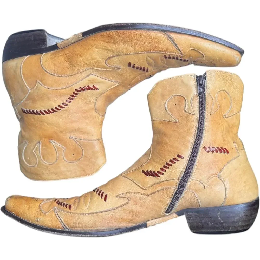 Vintage Jo Ghost Italian Western Cowboy Ankle Boots Tan Leather Size 45 11.5-12